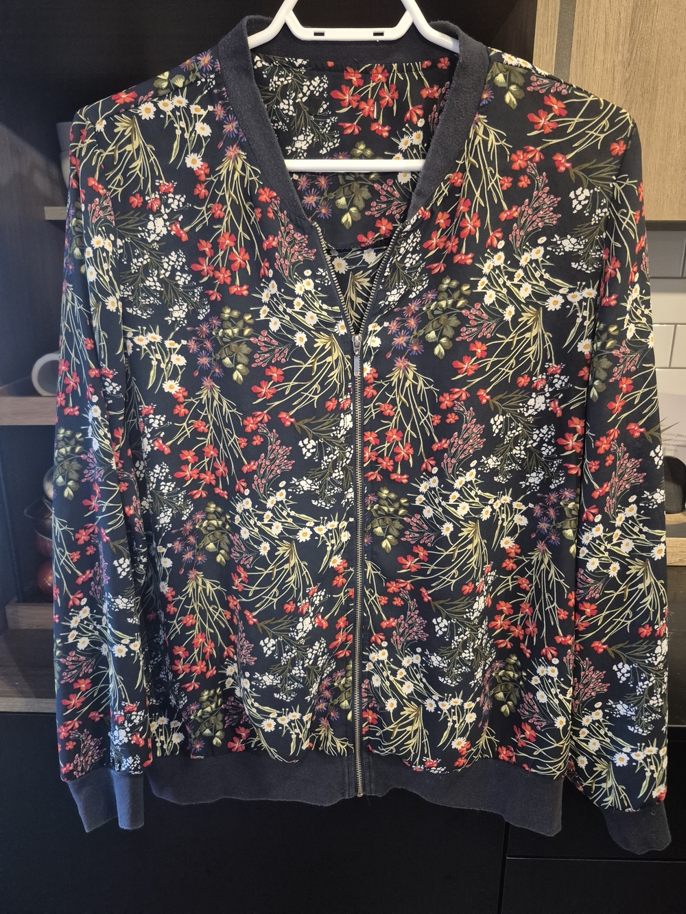 Floral Zip-Front Women's Jacket - Black with Red & Cream Floral Print